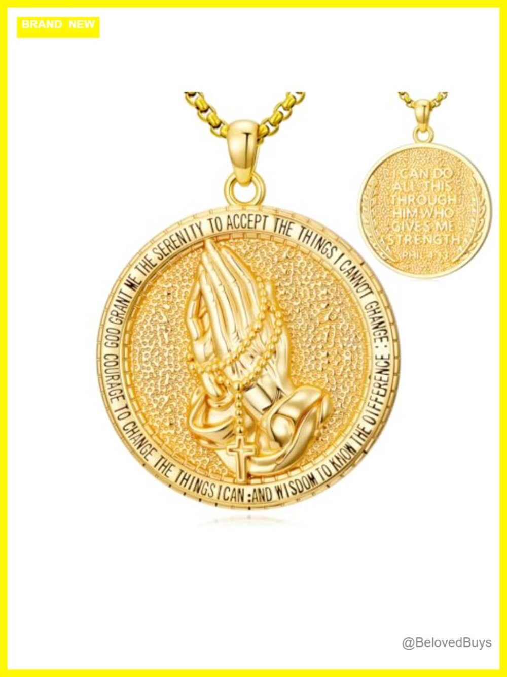 14K Gold Plated Praying Hands Medal Necklace Stainless Steel Chain